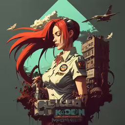 an anime girl wearing a uniform with red hair standing in front of an industrial building