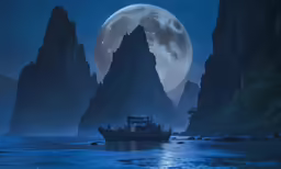a boat floating on the ocean near a large rock formation under a full moon