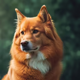 an orange dog sitting in front of green background