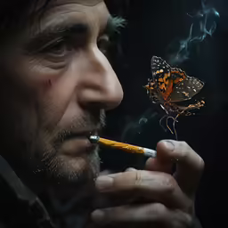 the man is holding a cigarette and a butterfly on his forehead