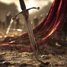 a bloody sword and the red cloak of a knights,a sword with a red ribbon on the top of it and a red cloak behind it