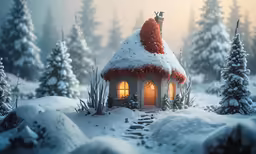 a little house is lit up at night surrounded by snow