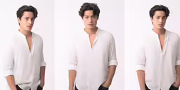 three separate portraits of a young man,four photographs of a man with short hair and wearing a white shirt