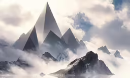 a group of mountains sit in the clouds on a calm day