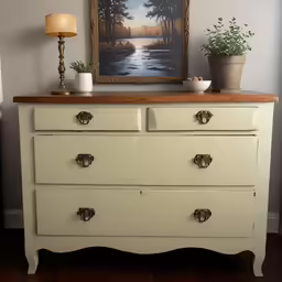 a painting of a stream hanging on the wall behind a dresser