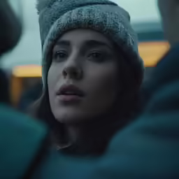 woman with grey winter hat and blue eyes staring