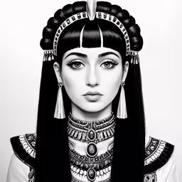 a black and white drawing of a woman with an egyptian headpiece