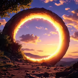 the sun is setting behind a large circular object