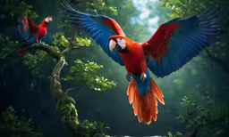 two colorful parrots in the forest with a tree