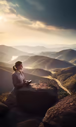 a woman sitting on a rock using a tablet computer