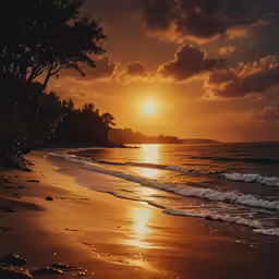 sun sets over the ocean on a sunny beach