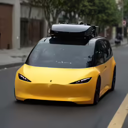 a bright yellow sports car driving down the street