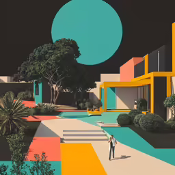 this is a colorful painting of a person standing in front of a house