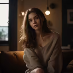 a woman sitting on the couch in a room