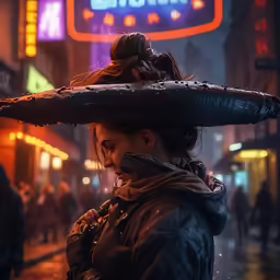a girl in the rain wearing an open umbrella over her head