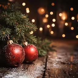 two red christmas baubles sit under a tree