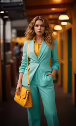 a woman is dressed in turquoise and holding a yellow bag