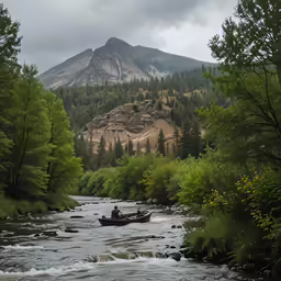 the small boat is traveling through the river
