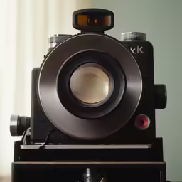 the camera is on a wooden shelf with a black object nearby