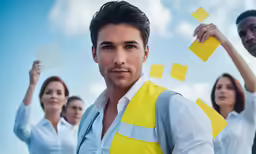 several people in front of blue sky and yellow rectangles