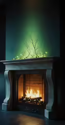 fireplace lit with warm colored fire and trees