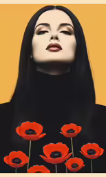 a woman with dark hair standing with red poppies