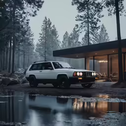 a white vehicle is parked in front of a cabin