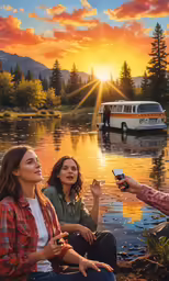 a woman taking a photo of three people with a van behind her