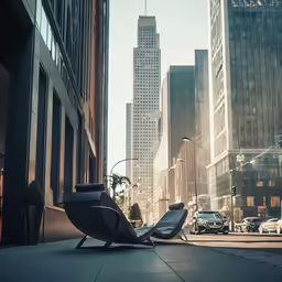 a modern chair and table in front of an urban street