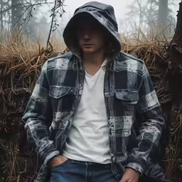 a man wearing a hoodie posing in front of some trees