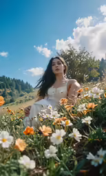 the young girl is sitting in the field of flowers