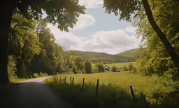 a rural road runs through an open grassy field, with grazing horses