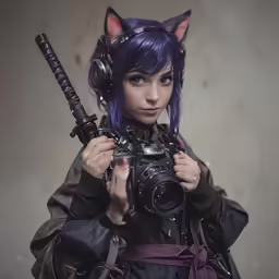 the girl is wearing a cat mask and holding a camera