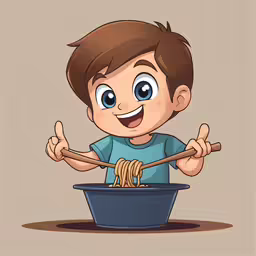 a cartoon character holding chopsticks with noodles in a bowl
