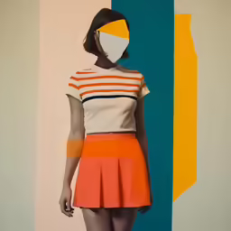a woman in an orange and white dress with a yellow striped shirt
