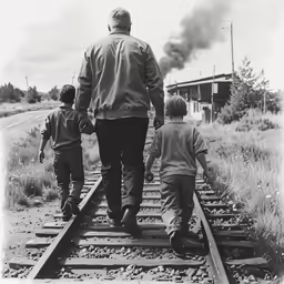 the old photo shows a man walking down the railroad tracks holding his children and two kids both
