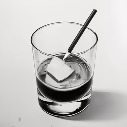 an empty glass with ice cubes and a single straw in it