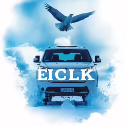 a bird hovers above an suv driving through the snow