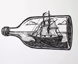 a drawing of a bottle with a boat inside it,a drawing of a ship in a bottle