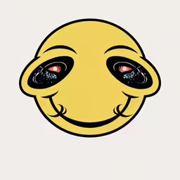 a yellow smiley face with eyes and mouth,the smiley face is looking like it has a red eyes