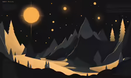 an illustration of a mountain range at night