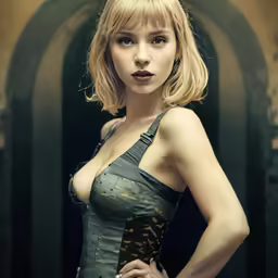 a blonde haired woman with medium bangs posing
