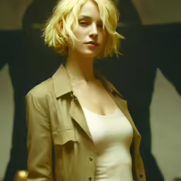 there is a woman in a beige coat and a vase