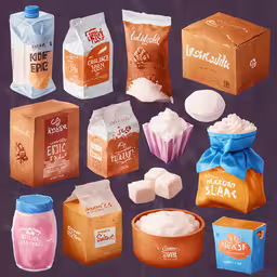 six different items are shown, including some milk and sugar,a variety of different types of snacks on a purple surface