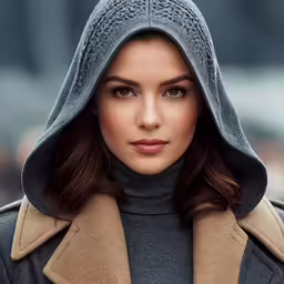 a woman with a hooded jacket and blue eyes