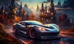 the ferrari sports car driving on a street with houses in the background