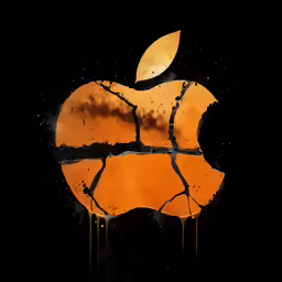 an apple logo, with an orange and black background