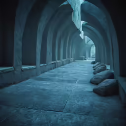 a stone hallway lined with long, dark archways