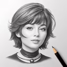 pencil drawing of the actress in the character of a girl with bangs