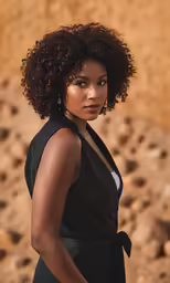 a woman with an afro is standing in the desert